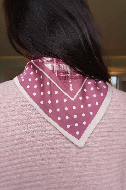 Plaid & Polka Border Triangle Silk Neckerchief Deep Rose